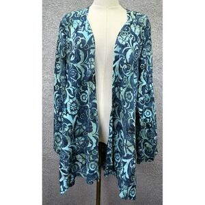 Soft Surroundings Blue Batik Open Jacket Small Long Line Duster Lightweight Boho